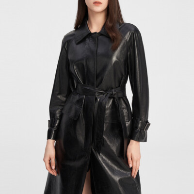 Black Lace Up Mid Long Trench Coats Womens Collared PU Leather - Main Image