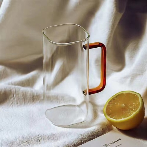 Square Glass Cup With Wooden Cover Colored Handle High Borosilicate