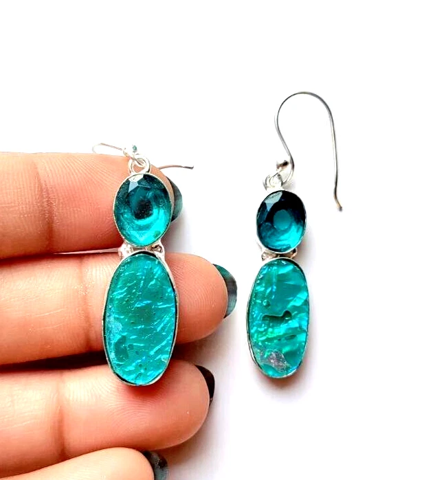 Australian Triplet Fire Opal Gemstone 925 Sterling Silver Jewelry Earrings 1.80" - Image 3 of 4