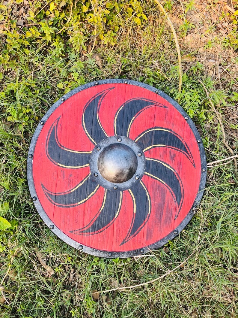 Escudo Medieval Escudo Vikingo 24" Madera Rojo y Negro Pintado Hecho a Mano Diseñador