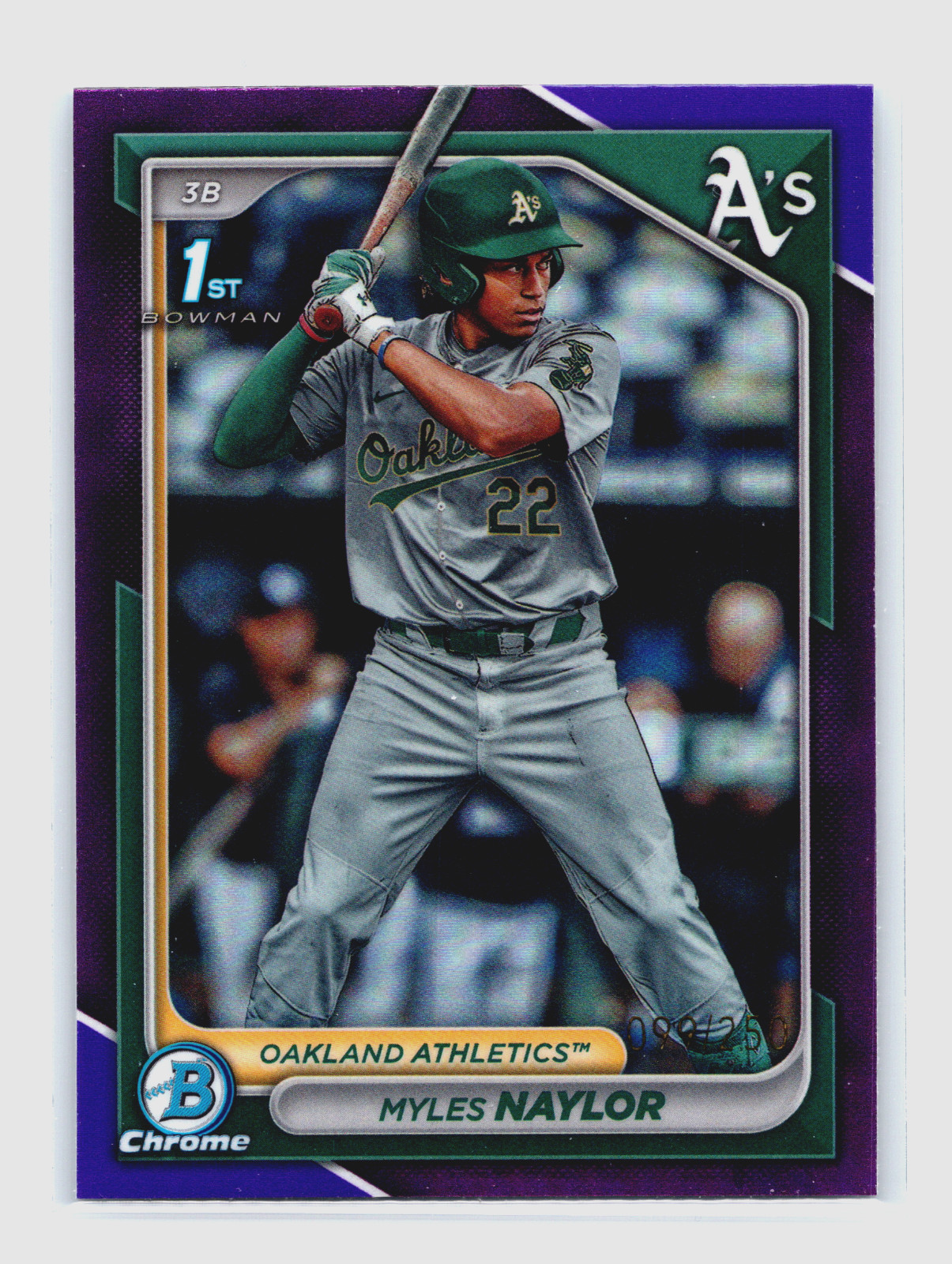 2024 Bowman Chrome Purple Refractor /250 Myles Naylor RC #BCP-136 Oakland A's