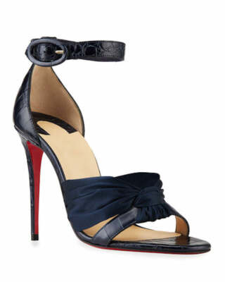 Christian Louboutin Ruban 100 Blue Croc Satin Ankle Strap Sandal