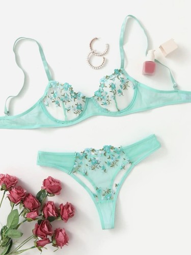 Women Floral Sexy Bra Panty Set Lace Underwear Transparent Lingerie Green - Picture 5 of 6