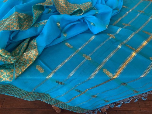 BELLISSIMO TESSUTO MORBIDO INDIANO SURY VINTAGE ANNI 70 COLORE TURCHESE E DESIGN ORO - Foto 9 di 12