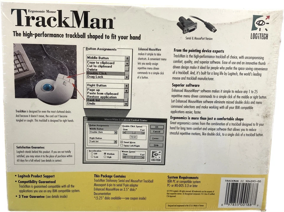 VTG Logitech TrackMan II Ergonomic Mouse Serial & MousePort Ver. #4095 NOS - Image 4 of 4