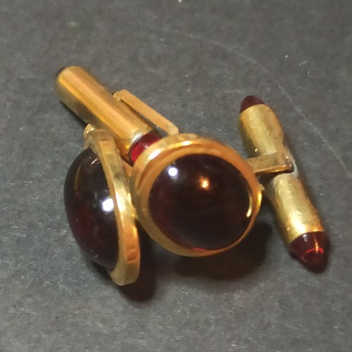 Vintage Krementz Gold Overlay Ruby Red Glass Cabochon Cufflinks Patented ArtDeco