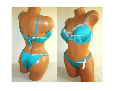 VICTORIA SECRET SWIM 34B/S Shine Strap Push Up Top Bikini Set Brazilian Bottom