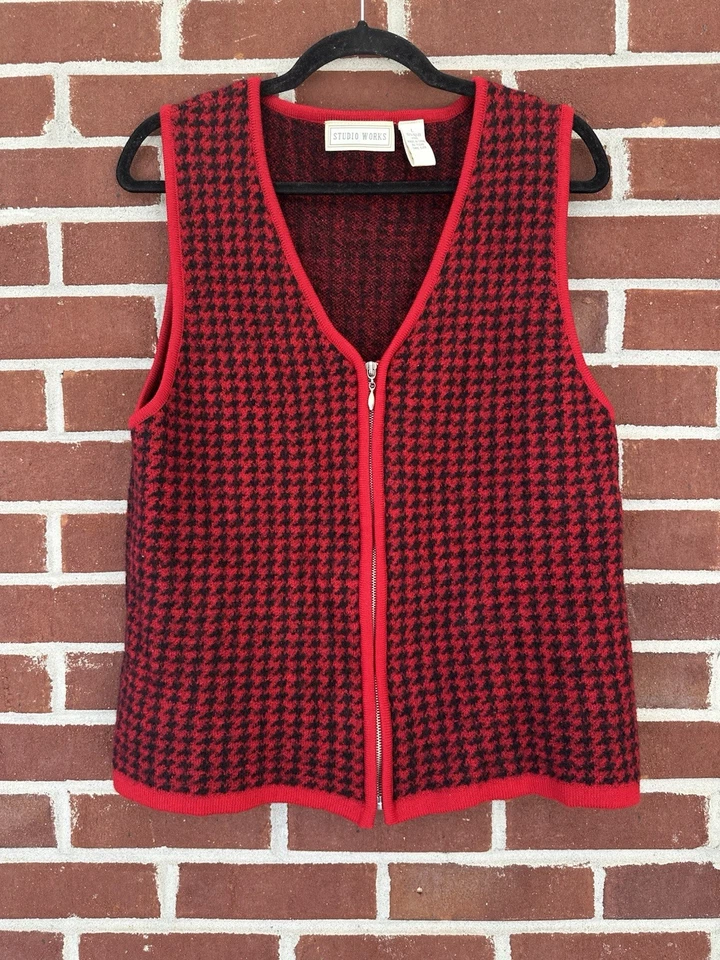 Vintage Studio Works Red Houndstooth Womens Zip Up Vest Size Large - Image 2 of 4