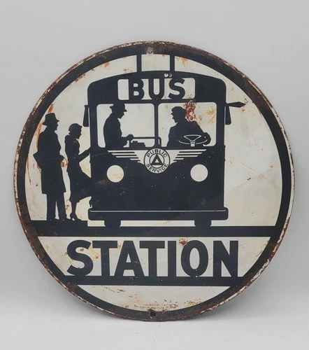 Vintage Bus Station Stop Distressed Weathered Porcelain Enameled Metal Sign