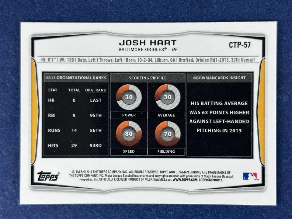 2014 Bowman Chrome Refractor #CTP-57 Josh Hart Baltimore Orioles - Image 2 of 2