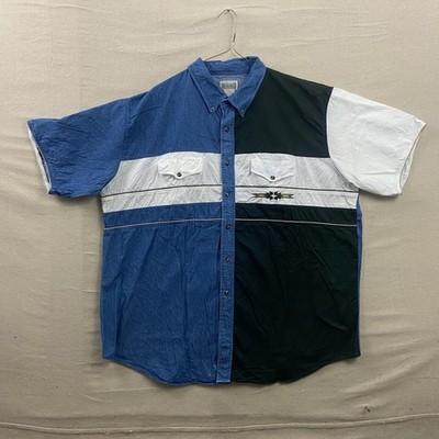 Express Rider Button Down Shirt 3XL Blue Black White Western Colorblock Short