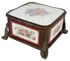 Large Antique French Rococo Gilt Bronze Ormolu Floral Porcelain Panel Box Casket