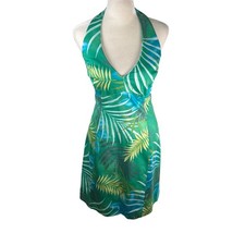 Jones New York Y2K Dress Petite Green Tropical Palm Leaf Halter Dress 10P