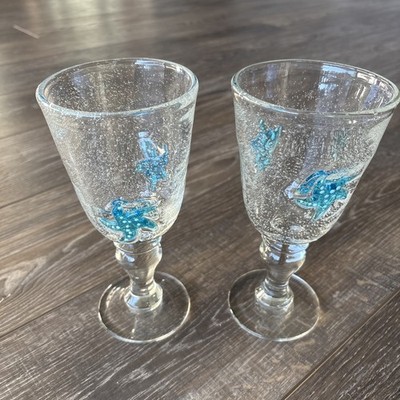 2 Handblown Starfish Goblets Clear, Aqua Starfish With Air Bubbles 7.75 