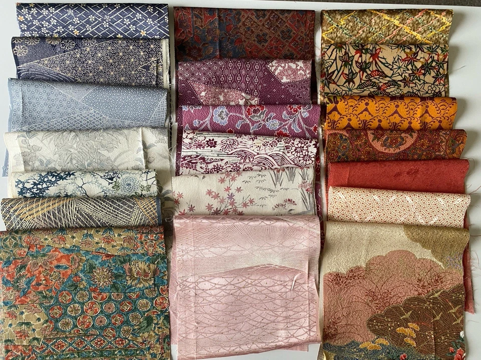 20pc Vtg Japanese Kimono Silk Fabric Remnants Lot Patchwork Craft Japan, 934 - Image 2 of 4