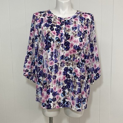 NYDJ Blouse Women's Plus 2X Floral Boho Lightweight 3/4 Sleeve Pintuck Popover