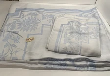 Blue DAMASK VINTAGE TABLECLOTH 6 Napkins Set 82" x 64"