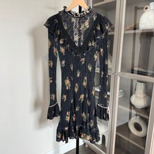 Free People Rose Petal Mini Dress Black Floral Combo Knit Ruffle Long Sleeves M 