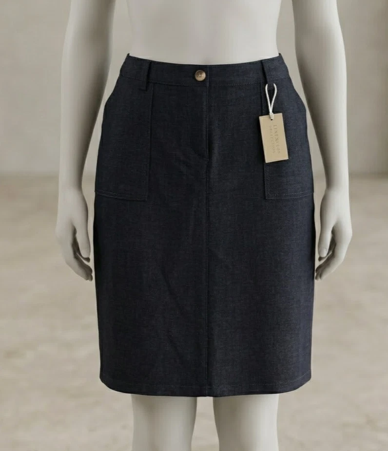 Next Skirt Knee Length Linen Blend Black Women’s Uk14 Pockets Elastic Waist New