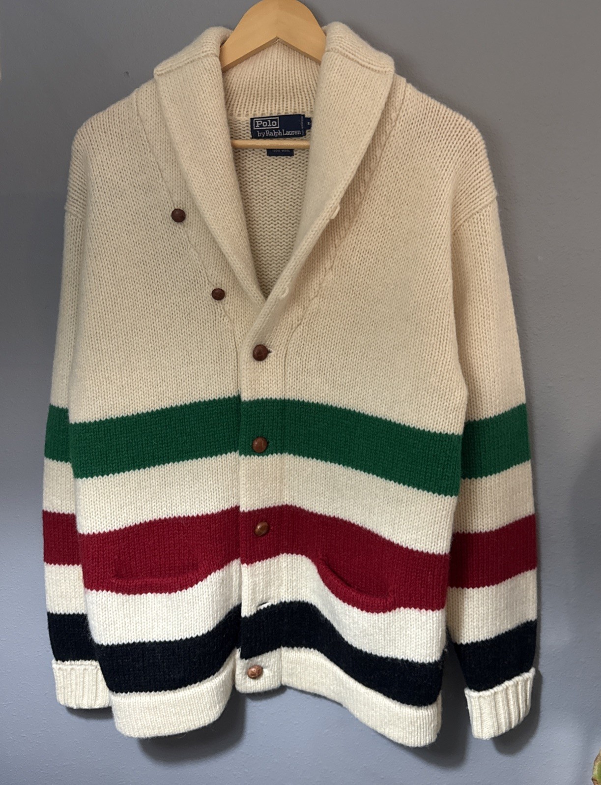 Vintage 90’s Polo Ralph Lauren Hudson Bay Striped Cardigan Sz Medium 100% Wool