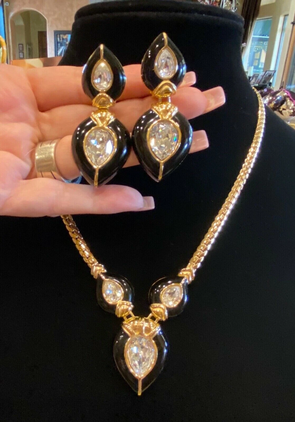 Set Collana e Orecchini Vintage Christian Dior Placcati in Oro Cristallo Statement