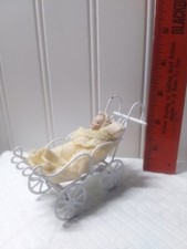 VTG Dollhouse Miniature White Wire Metal Stroller Baby Carriage Pram W/ Baby