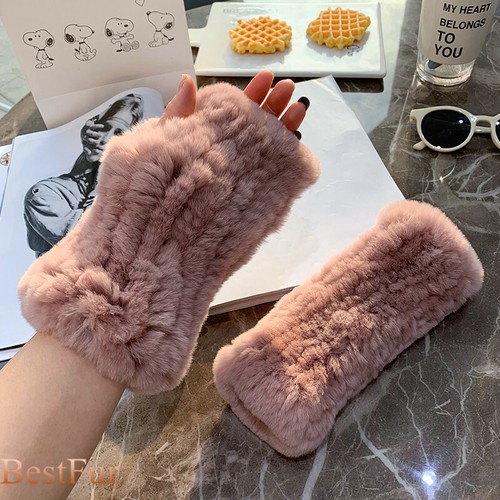 Womens Real Rabbit Rex Fur Fingerless Knitted Elastic Gloves Sleeves Mittens - Picture 6 of 24