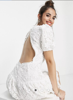 Miss Selfridge Lace Puff Sleeve Open Back Mini Dress UK
