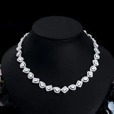 White Cubic Zirconia Square Drop Chain Choker Necklace Silver Plated CZ Jewelry
