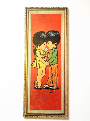 Vintage Mod Lee BIG EYES KITSCH Wall Print Girl Boy Love 25''x10'' NEW Sealed*