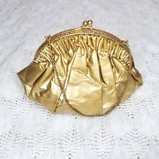 Vintage gold evening bag tiny 6" x 4.5" gold chain w/ kiss clasp pleated FLAW