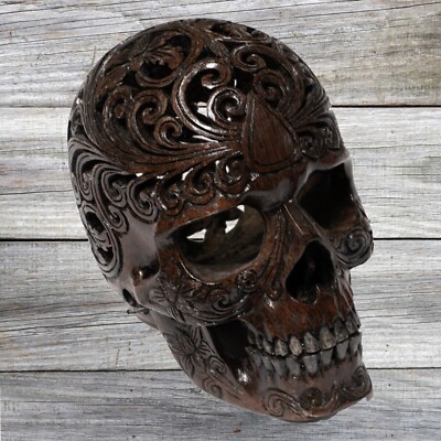 Realistischer menschlicher Schädel Tamarinde Holz Replik beweglicher Kiefer Skelett Kopf Halloween