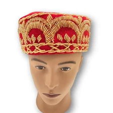 Red, Black Gold Beads Embroidered Traditional Igbo Men's Cap, African Okpu-Ozo