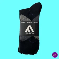 FM LONDON Men's Smart Breathable Socks, 3-Pack, Argyle Design, Black, UK 6-11