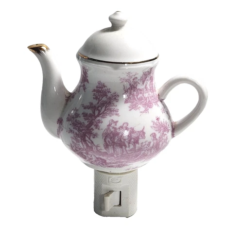 Maroon English Toile Teapot Nightlight with 14k Gilded Gold Breakfast Tea Light