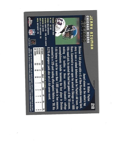 2001 Topps Chrome Refractors #218 Jerry Azumah /999 CHICAGO BEARS - Picture 2 of 2