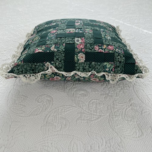 Handmade Pillow Patchwork Woven Floral Polka Dot Boho Cottage Lace Trim 14x14 - Picture 5 of 17
