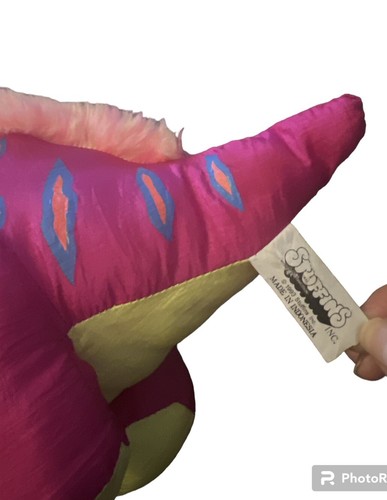 Vintage 1993 STUFFINS Dinos Dinosaur Plush TRICERATOPS Neon Nylon SQUEAKS - Picture 4 of 4