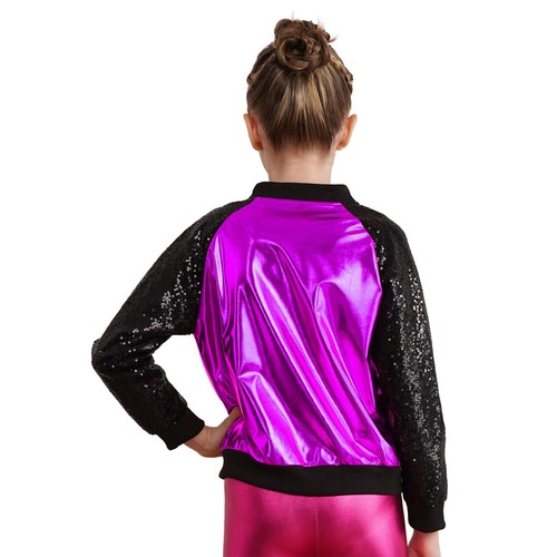 Kids Girls Baseball Jacket Shiny Metallic Long Sleeve Bomber Coat Outerwear - Picture 79 of 104