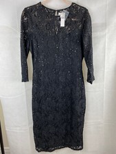 Peacocks Dress UK 12 Black Pencil 3/4 Sleeve Sequin Lace Midi