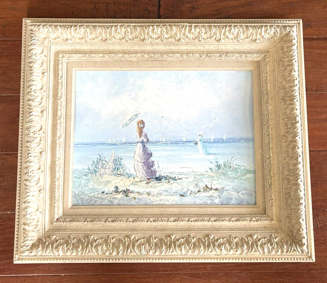 Vintage Gesso Framed Oil on Board Painting Signed J Miller Victorian Beach Scene