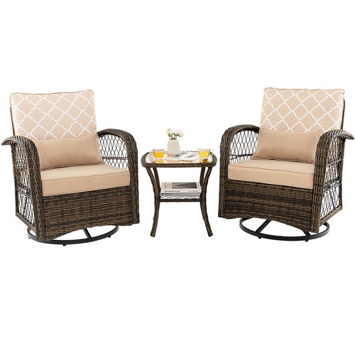 Patio 3PCS Wicker Swivel Rocker Set 2 Rocking Chairs 360 Degrees w/Coffee Table