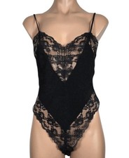 Vintage 80s Black Silky Nylon Lace Lingerie Teddy Lingerie Coquette Size Medium