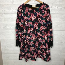 Altar'd State Women's  Floral Print Long Sleeve Shift Dress Crochet Trim Medium