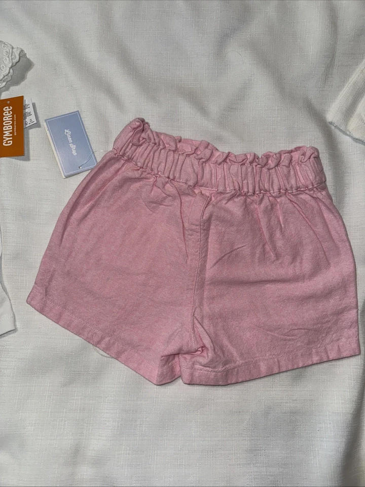 Pantalones Cortos Gymboree Niñas Talla 5T Blanco Ojales Volantes Cuello Rosa Mezcla de Lino Nuevo Foto 4 de 4