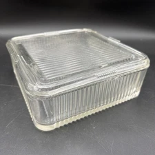 Vintage 8.5" Square Clear Ribbed Glass Refrigerator Dish with Lid