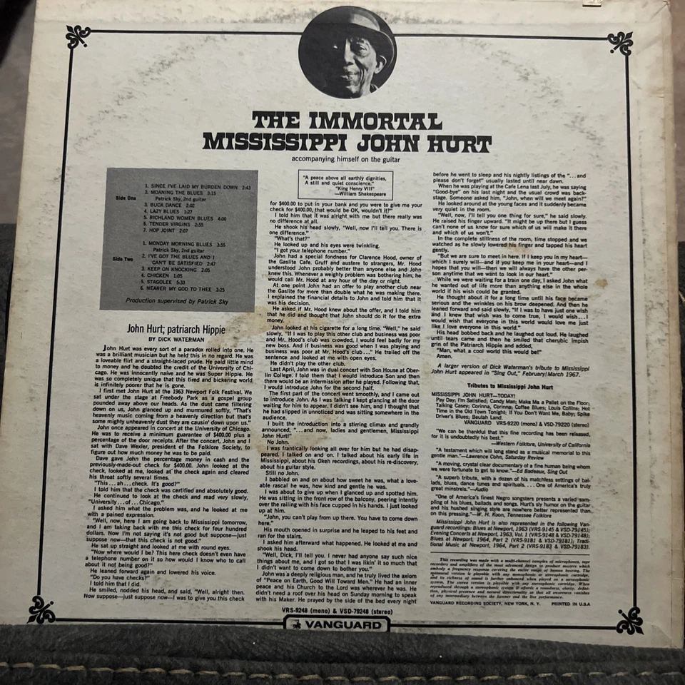 MISSISSIPPI JOHN HUR Immortal LP Vanguard SVRL19005 UK черная этикетка винил РЕДКАЯ - Изображение 2 из 4