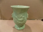 McCoy Pottery Jade Green 8 1/4" Bird & Berries Ceramic Vase Wedge Handles 1940's
