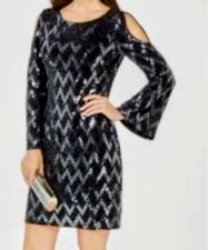 Jessica Howard Sequin Mettalic Chevron Blue Cold Shoulder Mini Dress Size 6P