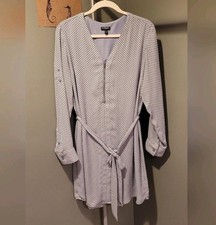 Express Polka Dot Half Zip Shirt Dress Tie Waist, Women's Size L, Gray & White